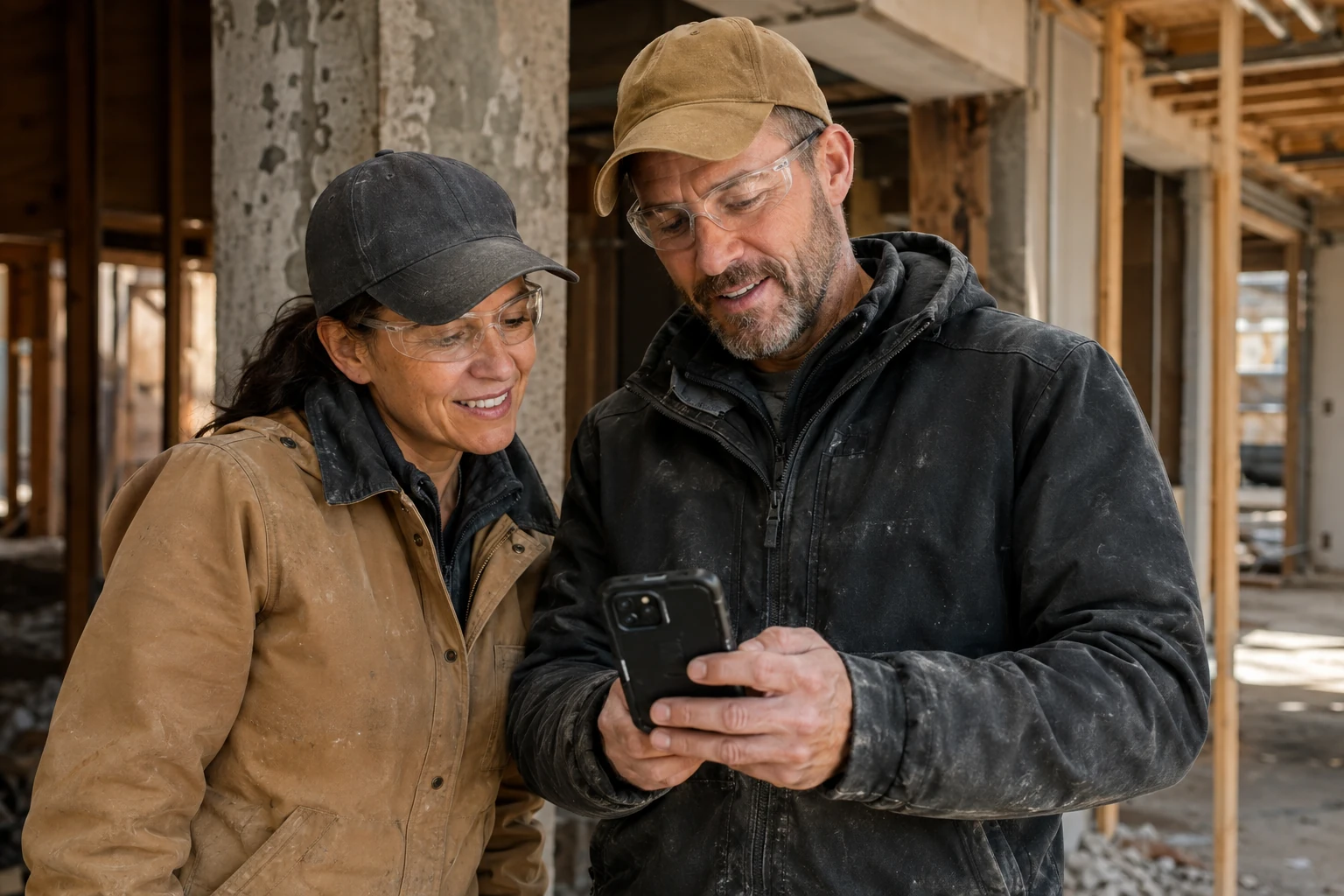 Two people in work clothes reviewing a phone together on site