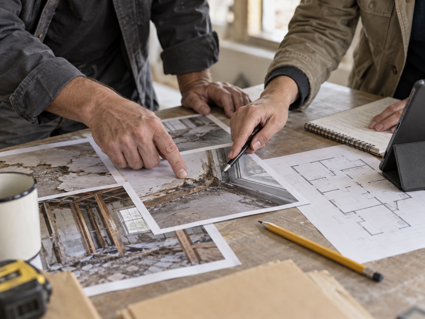 Hands comparing site photographs and a floor plan around a project table